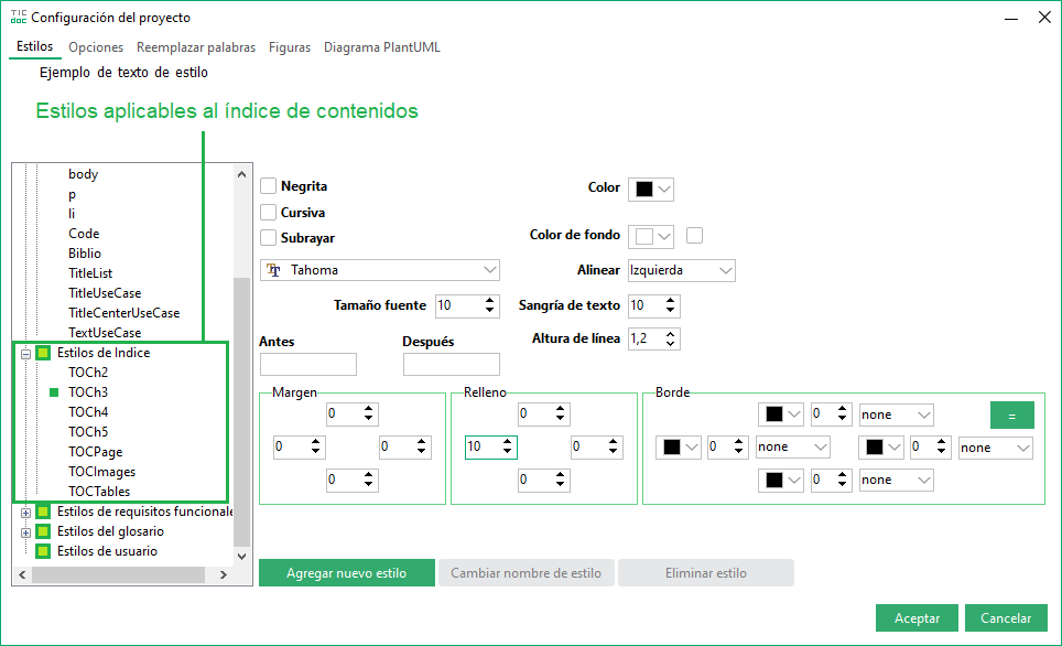 edición estilo índice contenidos